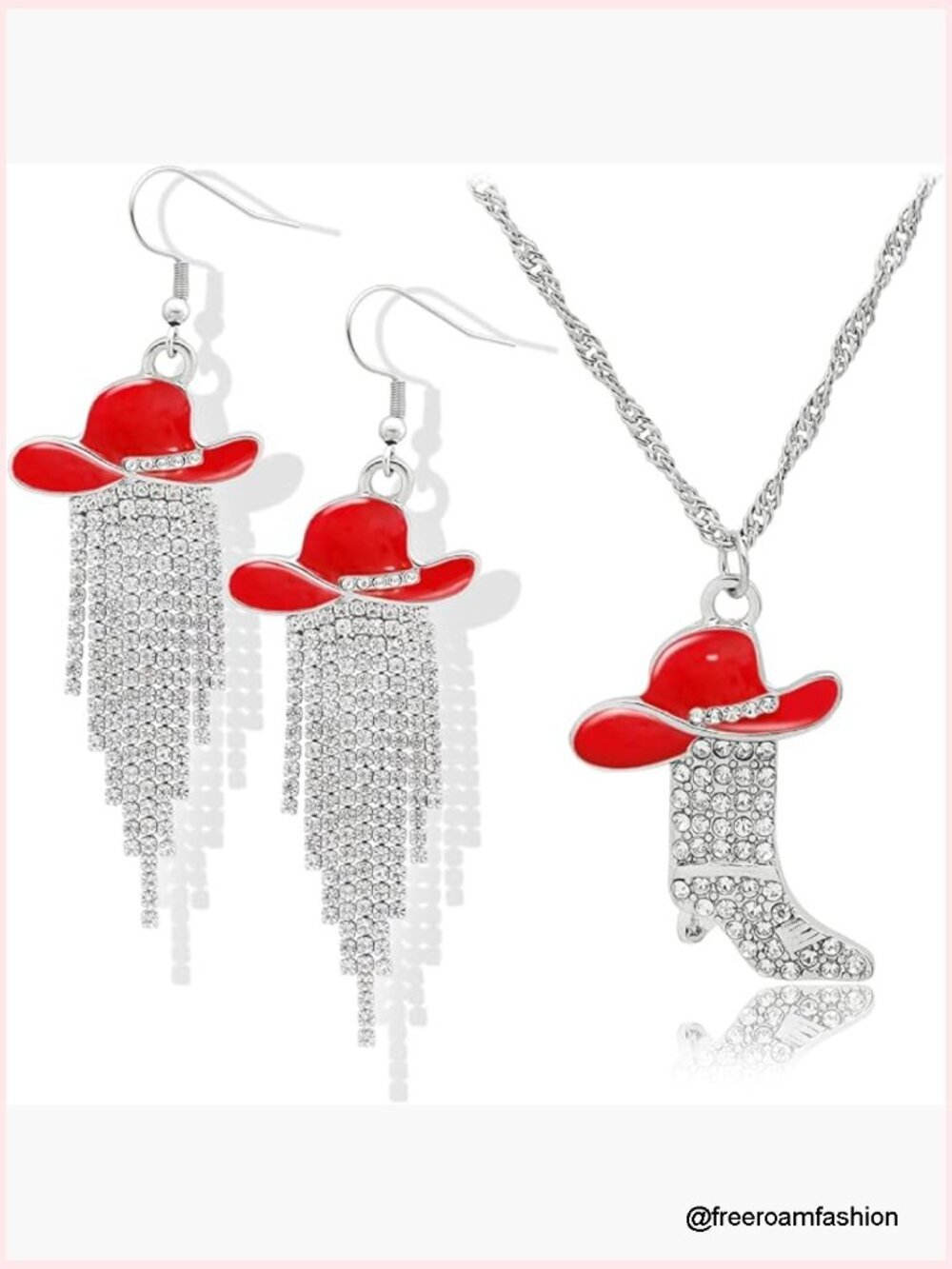 Western Rhinestone Tassel Earrings & Cowboy Boots Necklace Set